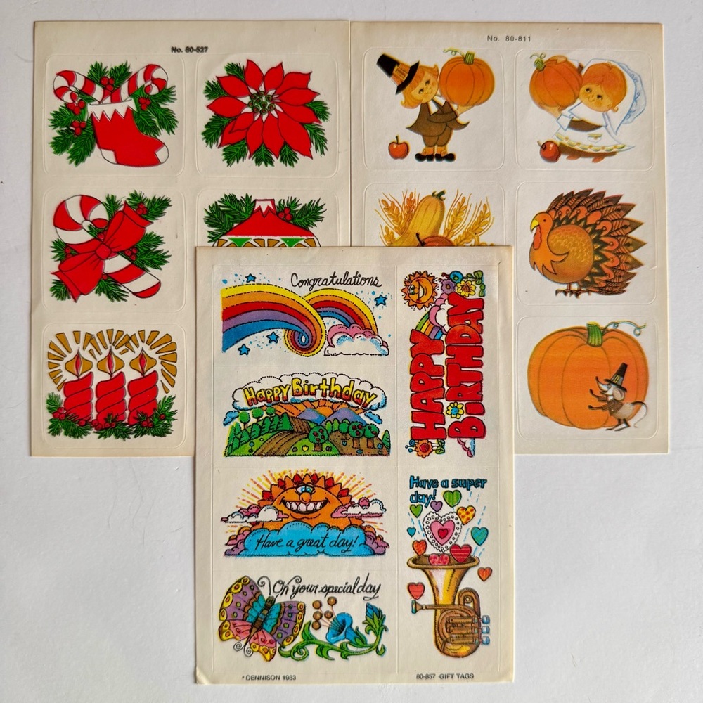 Vintage 1983 Dennison Stickers 3 Mini Sheet Set Christmas Thanksgiving Birthday